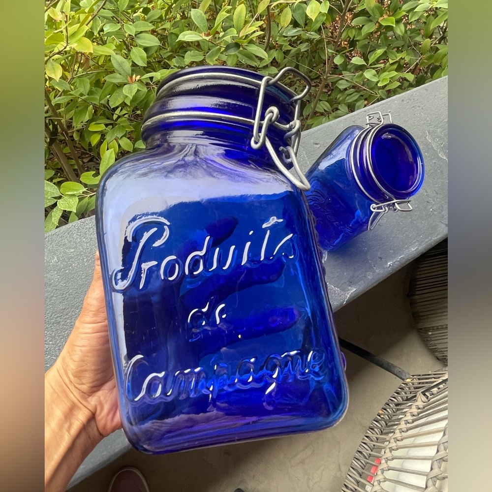 Vintage | Cobalt Blue Embossed Glass Canister